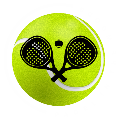 Padel in the Woods logo featuring a padel ball with the company name text surrounding it and two paddles at the center, symbolizing outdoor padel activities.